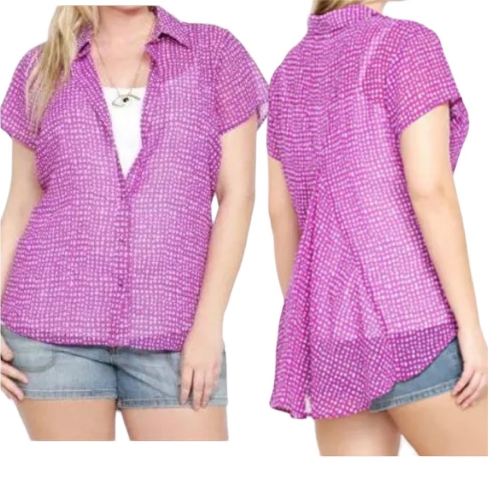 Torrid Purple Chiffon Button Down Blouse White Dots